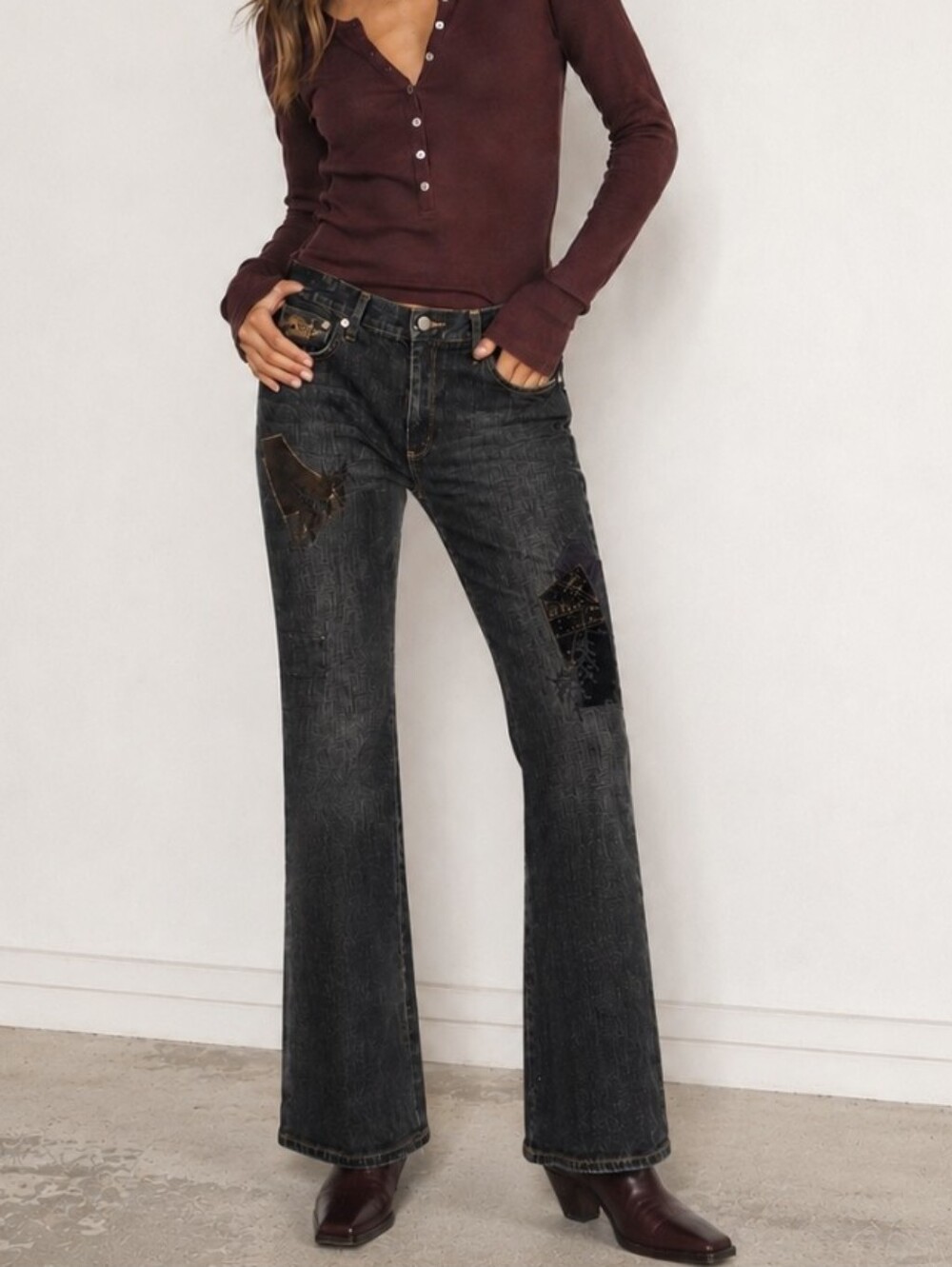 Vtg Ralph Lauren Jeans Co Bootcut Patchwork Embroidered Y2K Denim Black Sz 12